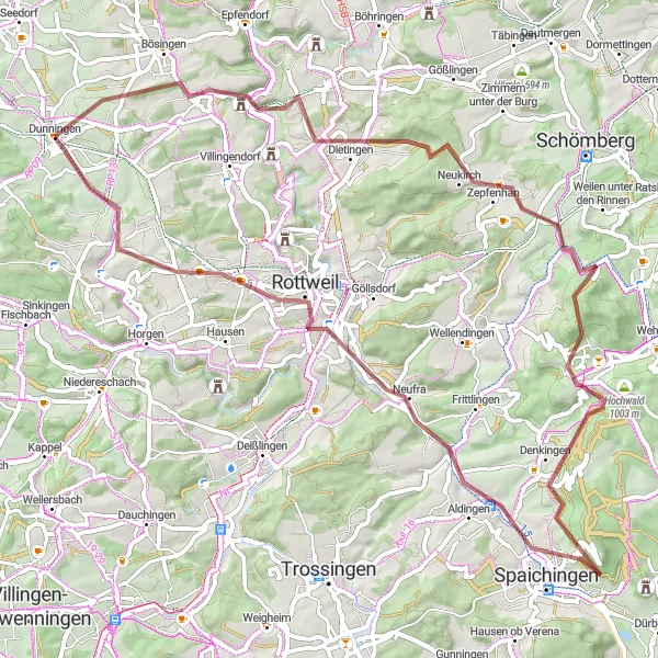 Karten-Miniaturansicht der Radinspiration "Graveltour von Dunningen nach Freiburg" in Freiburg, Germany. Erstellt vom Tarmacs.app-Routenplaner für Radtouren