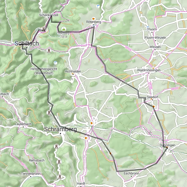 Map miniature of "Dunningen and Surrounding Villages" cycling inspiration in Freiburg, Germany. Generated by Tarmacs.app cycling route planner