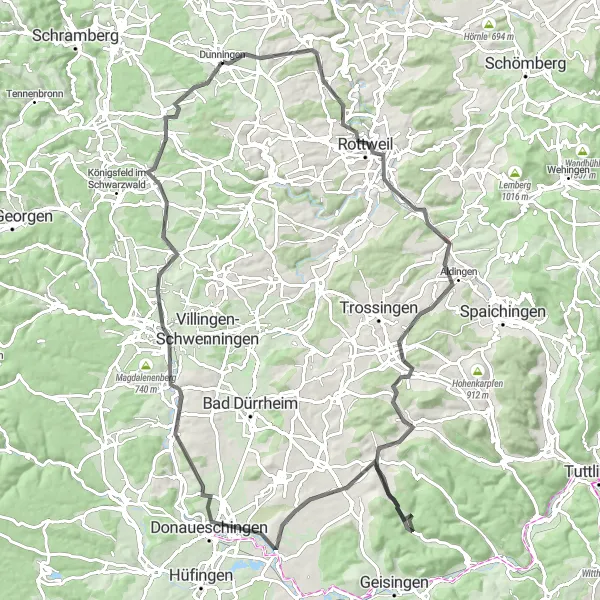 Map miniature of "Discovering Rottweil and Donaueschingen" cycling inspiration in Freiburg, Germany. Generated by Tarmacs.app cycling route planner