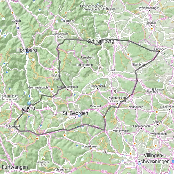 Karten-Miniaturansicht der Radinspiration "Rundweg von Dunningen nach Triberg" in Freiburg, Germany. Erstellt vom Tarmacs.app-Routenplaner für Radtouren