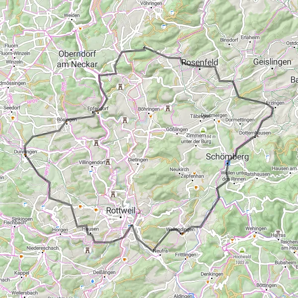 Map miniature of "Historic Towns and Stunning Landscapes" cycling inspiration in Freiburg, Germany. Generated by Tarmacs.app cycling route planner