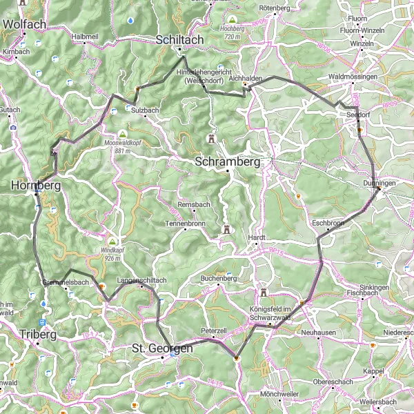 Map miniature of "Eschbronn to Seedorf" cycling inspiration in Freiburg, Germany. Generated by Tarmacs.app cycling route planner