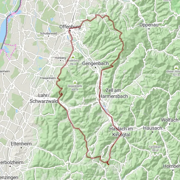 Map miniature of "Staufenberg Castle Gravel Challenge" cycling inspiration in Freiburg, Germany. Generated by Tarmacs.app cycling route planner