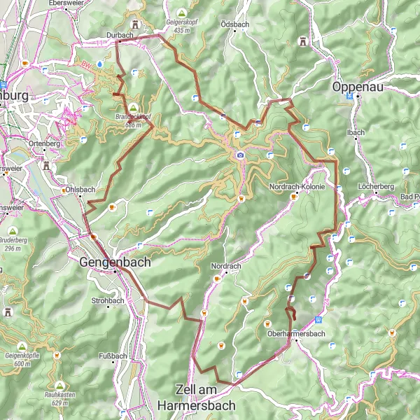 Map miniature of "Durbach Gravel Adventure" cycling inspiration in Freiburg, Germany. Generated by Tarmacs.app cycling route planner