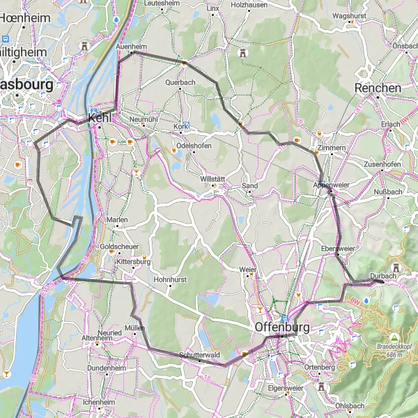 Map miniature of "Durbach Road Tour" cycling inspiration in Freiburg, Germany. Generated by Tarmacs.app cycling route planner