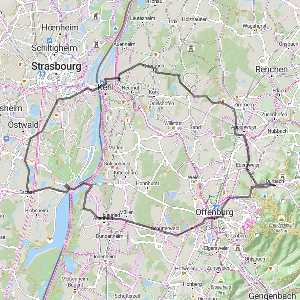 Map miniature of "Scenic Road Cycling near Durbach" cycling inspiration in Freiburg, Germany. Generated by Tarmacs.app cycling route planner