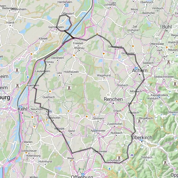 Map miniature of "Diverse Road Adventure from Durbach" cycling inspiration in Freiburg, Germany. Generated by Tarmacs.app cycling route planner