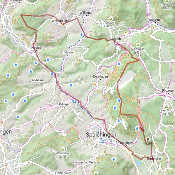 Karten-Miniaturansicht der Radinspiration "Abenteuerliche Schotterwege um Dürbheim" in Freiburg, Germany. Erstellt vom Tarmacs.app-Routenplaner für Radtouren