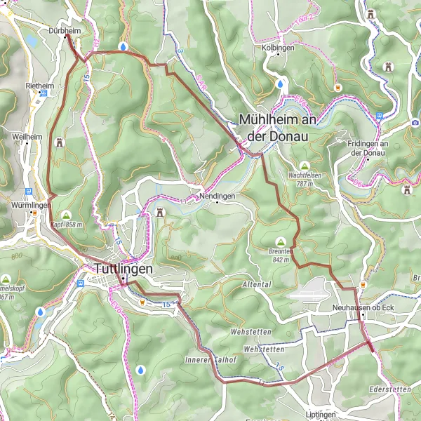 Karten-Miniaturansicht der Radinspiration "Rund um Neuhausen ob Eck" in Freiburg, Germany. Erstellt vom Tarmacs.app-Routenplaner für Radtouren