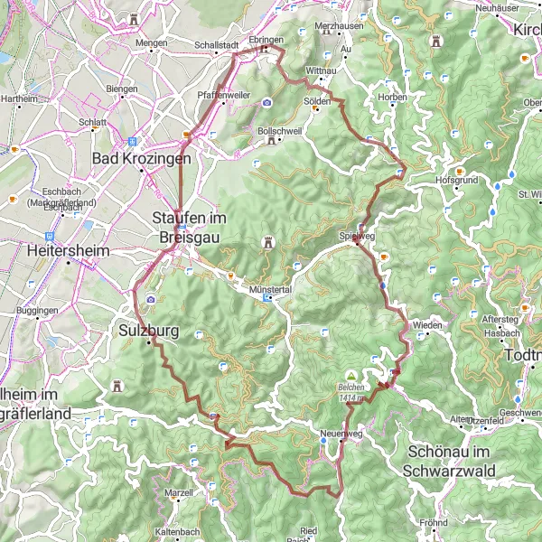 Karten-Miniaturansicht der Radinspiration "Gravel-Rundkurs durch die Natur" in Freiburg, Germany. Erstellt vom Tarmacs.app-Routenplaner für Radtouren