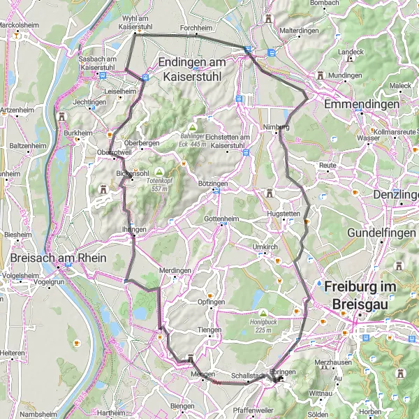 Map miniature of "Scenic Tour to Kaiserstuhl and Schallstadt" cycling inspiration in Freiburg, Germany. Generated by Tarmacs.app cycling route planner