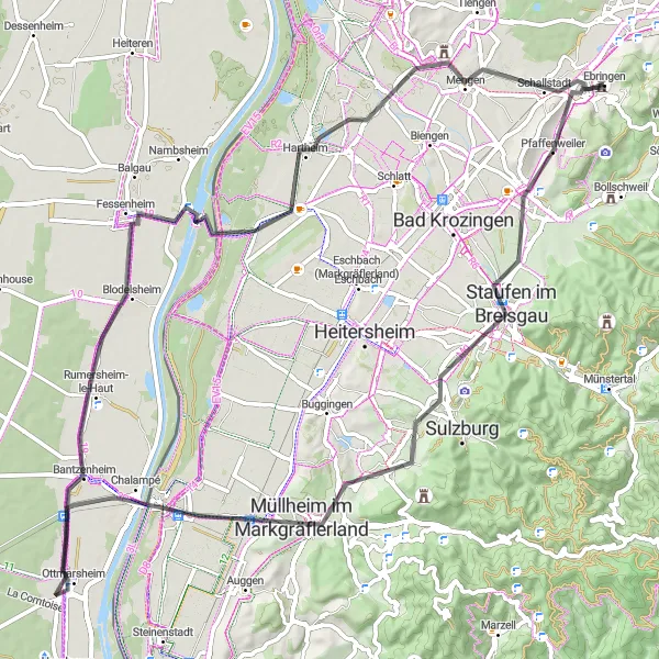 Map miniature of "Batzenberg and Tuniberg Road Cycling Tour" cycling inspiration in Freiburg, Germany. Generated by Tarmacs.app cycling route planner