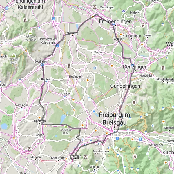 Map miniature of "Honigbuck and Kaiserstuhl Cycling Route" cycling inspiration in Freiburg, Germany. Generated by Tarmacs.app cycling route planner
