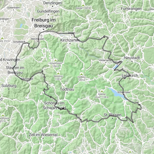 Map miniature of "The Ultimate Black Forest Road Adventure" cycling inspiration in Freiburg, Germany. Generated by Tarmacs.app cycling route planner