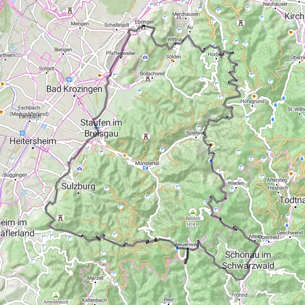 Map miniature of "Black Forest Road Adventure" cycling inspiration in Freiburg, Germany. Generated by Tarmacs.app cycling route planner