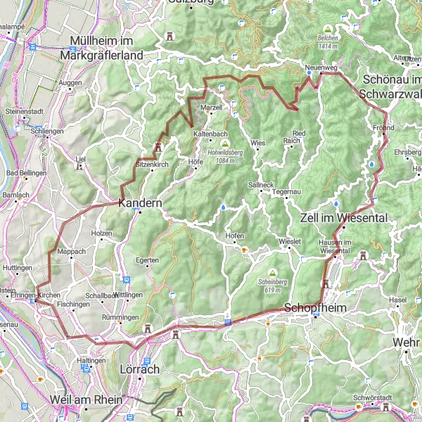 Map miniature of "Legends of the Gravel" cycling inspiration in Freiburg, Germany. Generated by Tarmacs.app cycling route planner