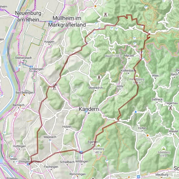 Map miniature of "Gravel route through Katzenberg and Badenweiler" cycling inspiration in Freiburg, Germany. Generated by Tarmacs.app cycling route planner