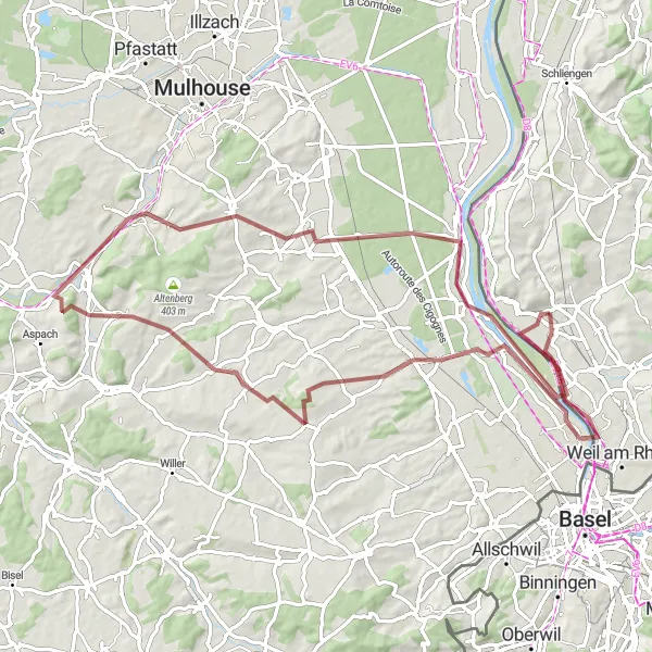 Map miniature of "The Three Countries Adventure" cycling inspiration in Freiburg, Germany. Generated by Tarmacs.app cycling route planner