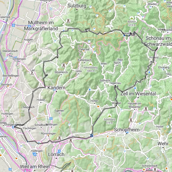 Map miniature of "Scenic Beauty of Southern Schwarzwald" cycling inspiration in Freiburg, Germany. Generated by Tarmacs.app cycling route planner