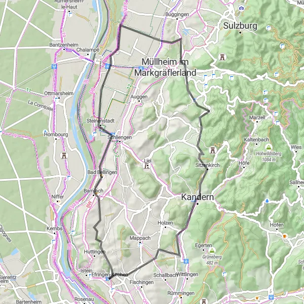 Map miniature of "Road route through Bad Bellingen and Hügelheim" cycling inspiration in Freiburg, Germany. Generated by Tarmacs.app cycling route planner