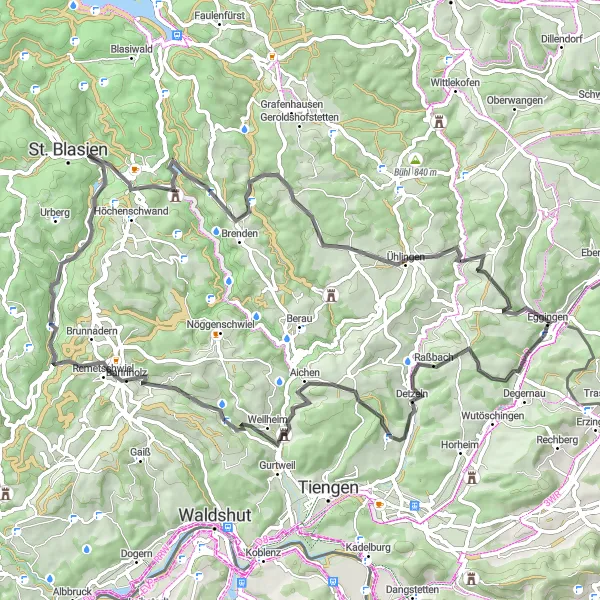 Karten-Miniaturansicht der Radinspiration "Hügelige Straßen um Eggingen" in Freiburg, Germany. Erstellt vom Tarmacs.app-Routenplaner für Radtouren
