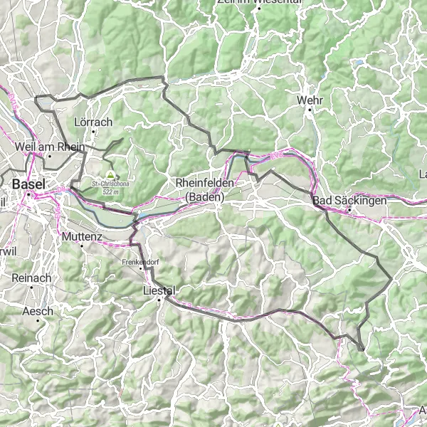 Map miniature of "Möhlin and Liestal Road Trip" cycling inspiration in Freiburg, Germany. Generated by Tarmacs.app cycling route planner