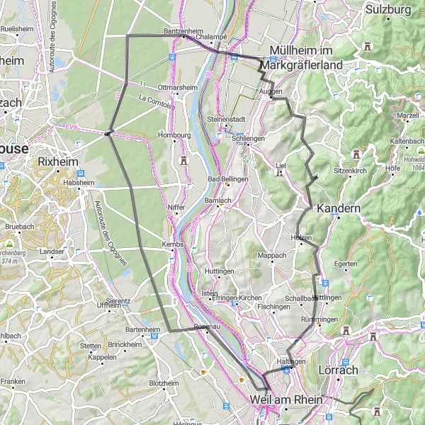 Map miniature of "The Scenic Road to Neuenburg" cycling inspiration in Freiburg, Germany. Generated by Tarmacs.app cycling route planner
