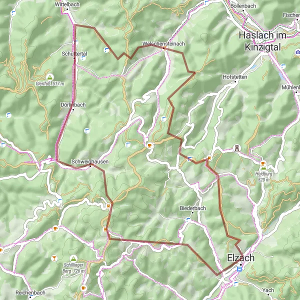 Karten-Miniaturansicht der Radinspiration "Die Gravel-Tour um Elzach" in Freiburg, Germany. Erstellt vom Tarmacs.app-Routenplaner für Radtouren
