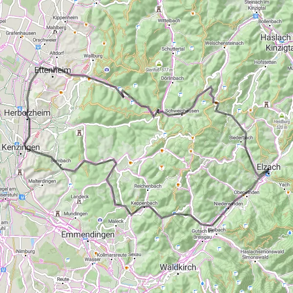 Karten-Miniaturansicht der Radinspiration "Die Elzach-Runde" in Freiburg, Germany. Erstellt vom Tarmacs.app-Routenplaner für Radtouren