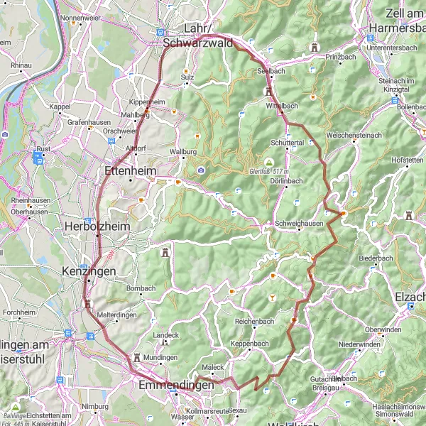 Map miniature of "Gravel Adventure" cycling inspiration in Freiburg, Germany. Generated by Tarmacs.app cycling route planner