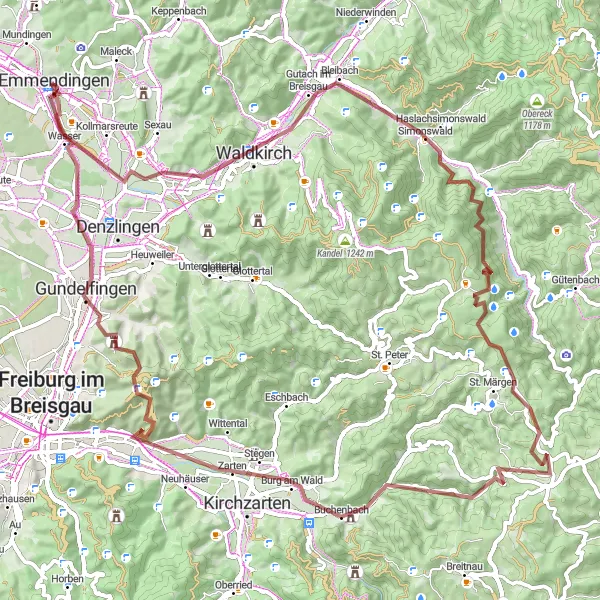 Map miniature of "Emmendingen Loop: Gravel Adventure" cycling inspiration in Freiburg, Germany. Generated by Tarmacs.app cycling route planner