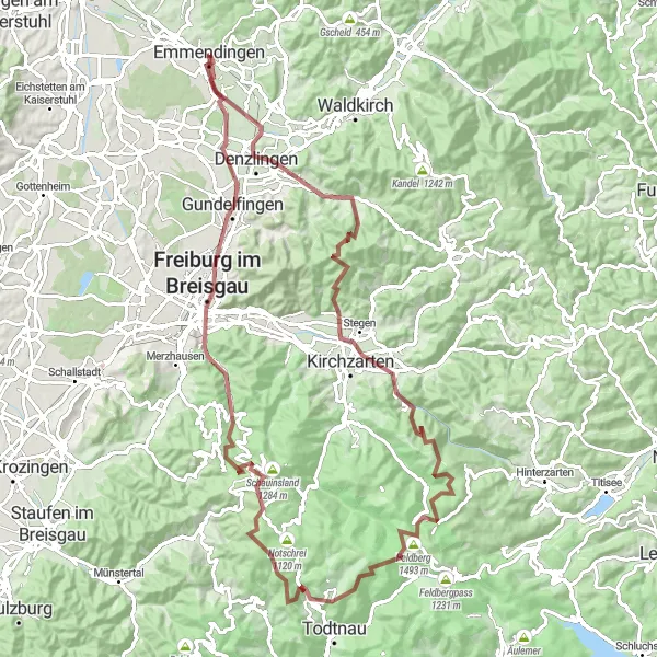 Map miniature of "Emmendingen Adventure: Gravel and Grueling Climbs" cycling inspiration in Freiburg, Germany. Generated by Tarmacs.app cycling route planner