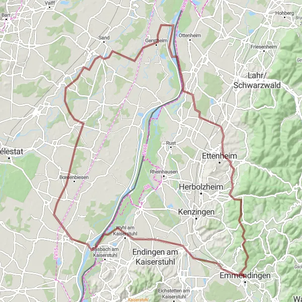 Map miniature of "Emmendingen Gravel Delight" cycling inspiration in Freiburg, Germany. Generated by Tarmacs.app cycling route planner