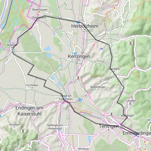 Map miniature of "Kaiserstuhl Highlights" cycling inspiration in Freiburg, Germany. Generated by Tarmacs.app cycling route planner