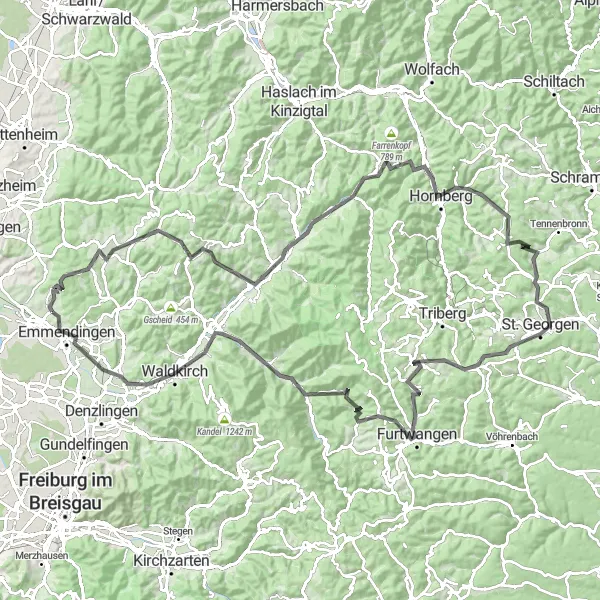 Map miniature of "Emmendingen Scenic Road Tour" cycling inspiration in Freiburg, Germany. Generated by Tarmacs.app cycling route planner