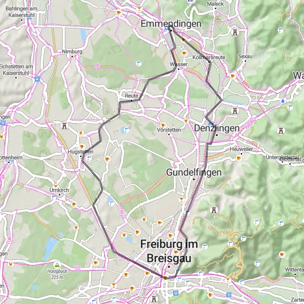 Map miniature of "Emmendingen Short and Sweet Road Ride" cycling inspiration in Freiburg, Germany. Generated by Tarmacs.app cycling route planner