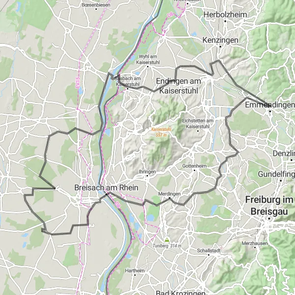 Map miniature of "Rhein Express" cycling inspiration in Freiburg, Germany. Generated by Tarmacs.app cycling route planner
