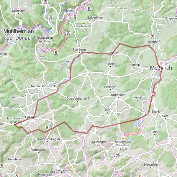 Map miniature of "Neuhausen ob Eck Gravel" cycling inspiration in Freiburg, Germany. Generated by Tarmacs.app cycling route planner