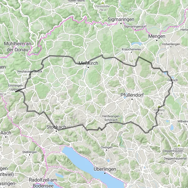 Karten-Miniaturansicht der Radinspiration "Rundtour über Neuhausen ob Eck und Stockach" in Freiburg, Germany. Erstellt vom Tarmacs.app-Routenplaner für Radtouren