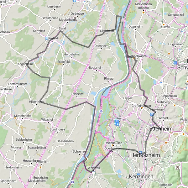 Map miniature of "Historic Villages and Natural Beauty" cycling inspiration in Freiburg, Germany. Generated by Tarmacs.app cycling route planner
