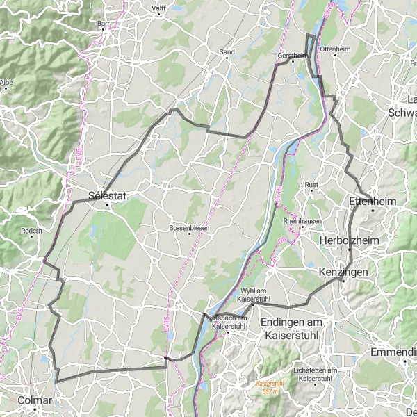 Map miniature of "Charming Villages and French Landscapes" cycling inspiration in Freiburg, Germany. Generated by Tarmacs.app cycling route planner