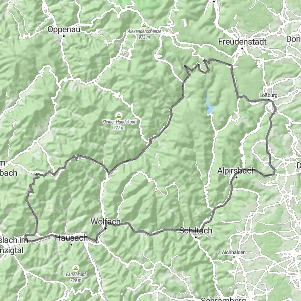 Map miniature of "Mountain Passes Tour" cycling inspiration in Freiburg, Germany. Generated by Tarmacs.app cycling route planner