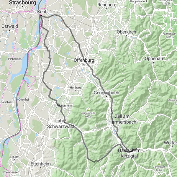 Map miniature of "The Kinzigtal Loop" cycling inspiration in Freiburg, Germany. Generated by Tarmacs.app cycling route planner