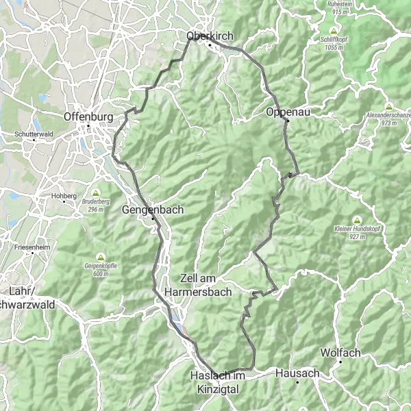 Map miniature of "Climbs and Landscapes of Fischerbach" cycling inspiration in Freiburg, Germany. Generated by Tarmacs.app cycling route planner