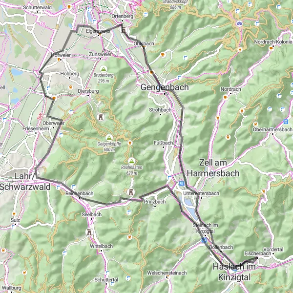 Map miniature of "Kinzigtal Loop" cycling inspiration in Freiburg, Germany. Generated by Tarmacs.app cycling route planner