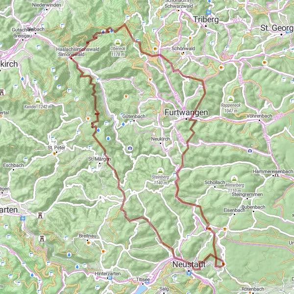 Karten-Miniaturansicht der Radinspiration "Abenteuerliche Graveltour um Simonswald" in Freiburg, Germany. Erstellt vom Tarmacs.app-Routenplaner für Radtouren