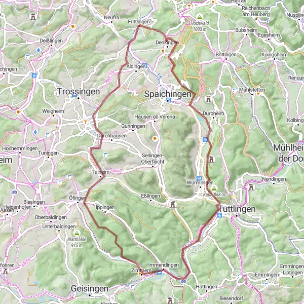 Map miniature of "Discovering Denkingen and the Surrounding Nature" cycling inspiration in Freiburg, Germany. Generated by Tarmacs.app cycling route planner