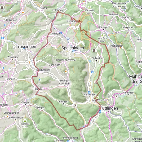 Map miniature of "A Scenic Gravel Excursion with Gorgeous Views" cycling inspiration in Freiburg, Germany. Generated by Tarmacs.app cycling route planner