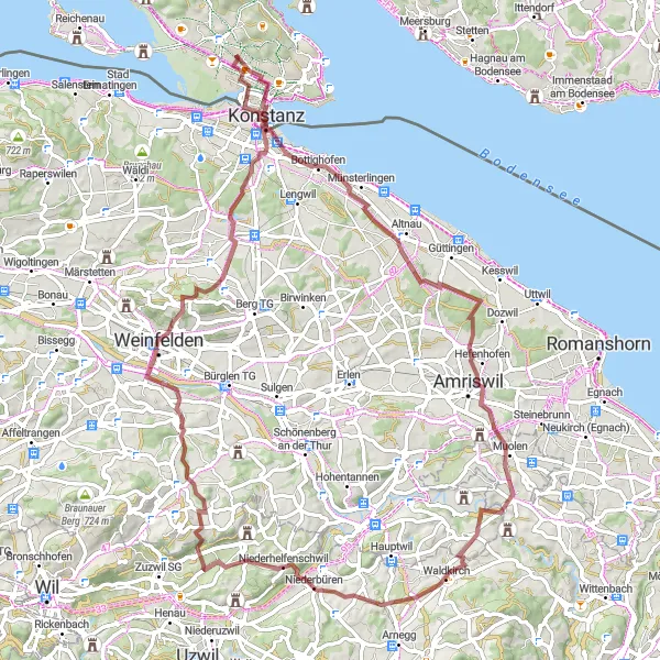 Map miniature of "Seeburgturm, Scherzingen, and St. Pelagiberg Gravel Ride" cycling inspiration in Freiburg, Germany. Generated by Tarmacs.app cycling route planner