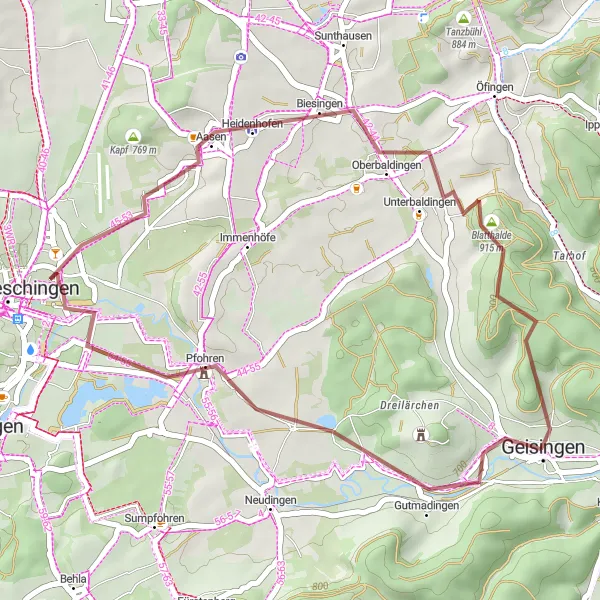 Map miniature of "Geisingen Gravel Adventure" cycling inspiration in Freiburg, Germany. Generated by Tarmacs.app cycling route planner